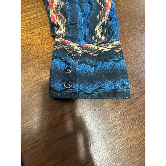 VTG Wrangler Pearl Snap Western Cowboy Shirt Long Sleeve Aztec Blue Mens Large - Picture 9 of 9